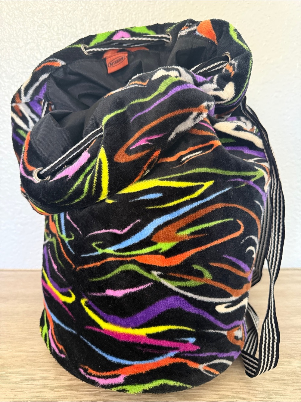 Missoni Black Terrycloth Tote with Neon Multicolor Swirl